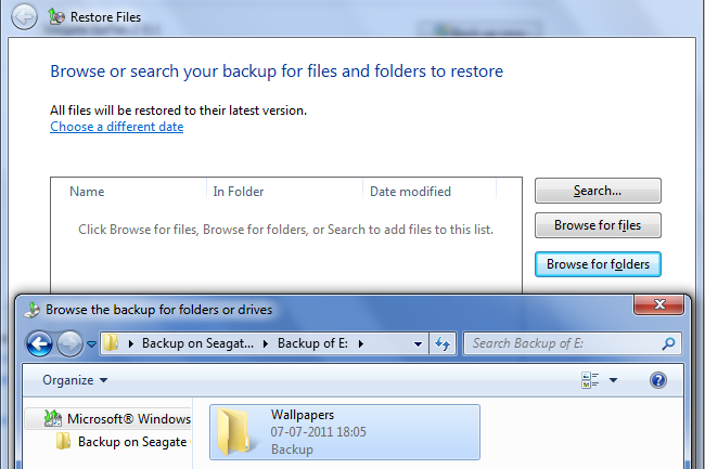 Restore backup data in Windows 7