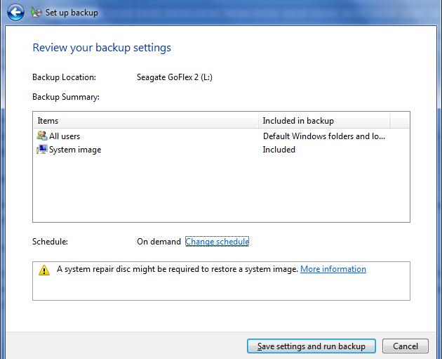 Backup and restore in Windows 7