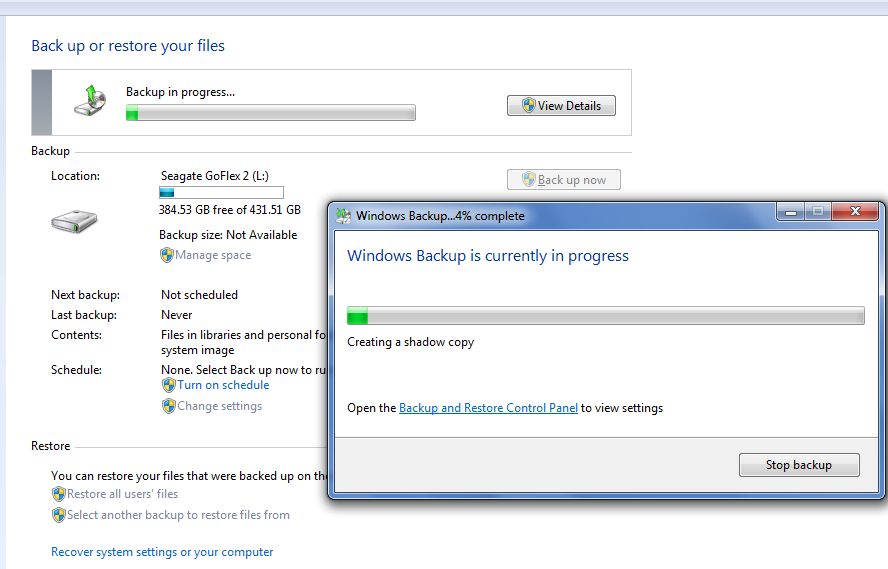 Backup and restore in Windows 7