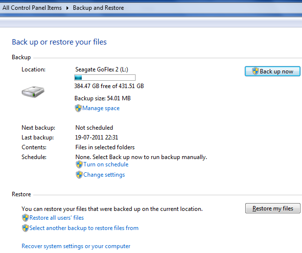 Restore backup data in Windows 7